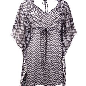 Miken Swim XS polyester swimsuit cover up black and white‎ chevron Pom poms